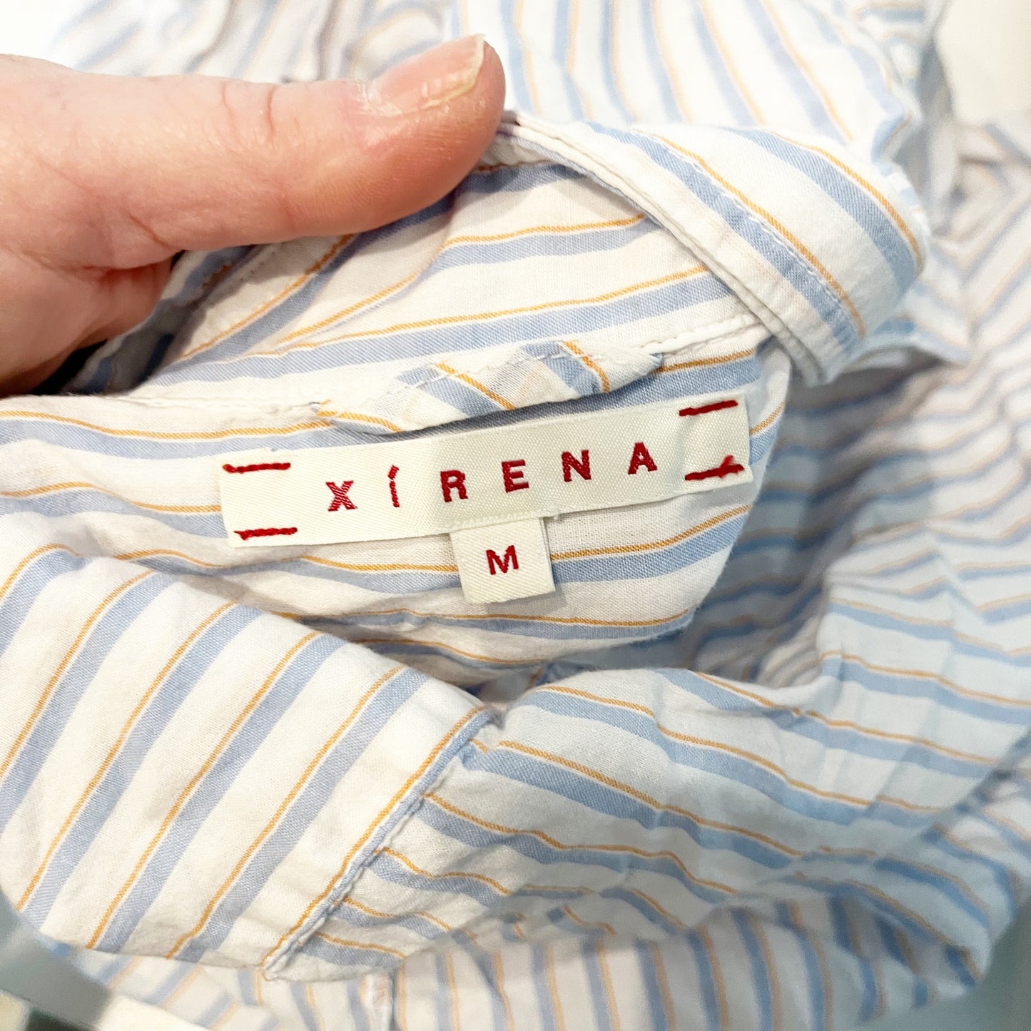 Xirena Long Sleeve Striped Button Down Cotton Shirt White Blue Medium