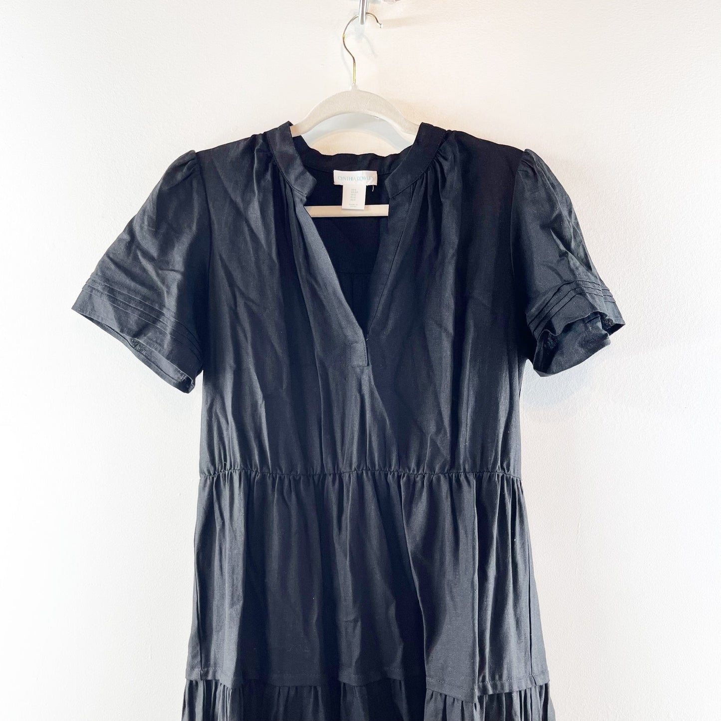 Cynthia Rowley Tiered Linen Blend Short Sleeve Midi Dress Black Small