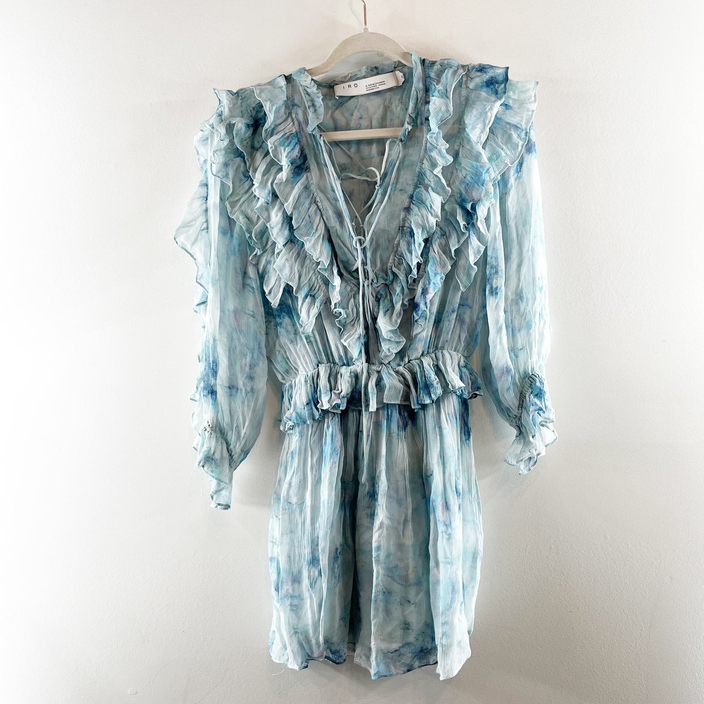 IRO Banon Printed 3/4 Sleeve Ruffle Mini Dress Blue Green 34