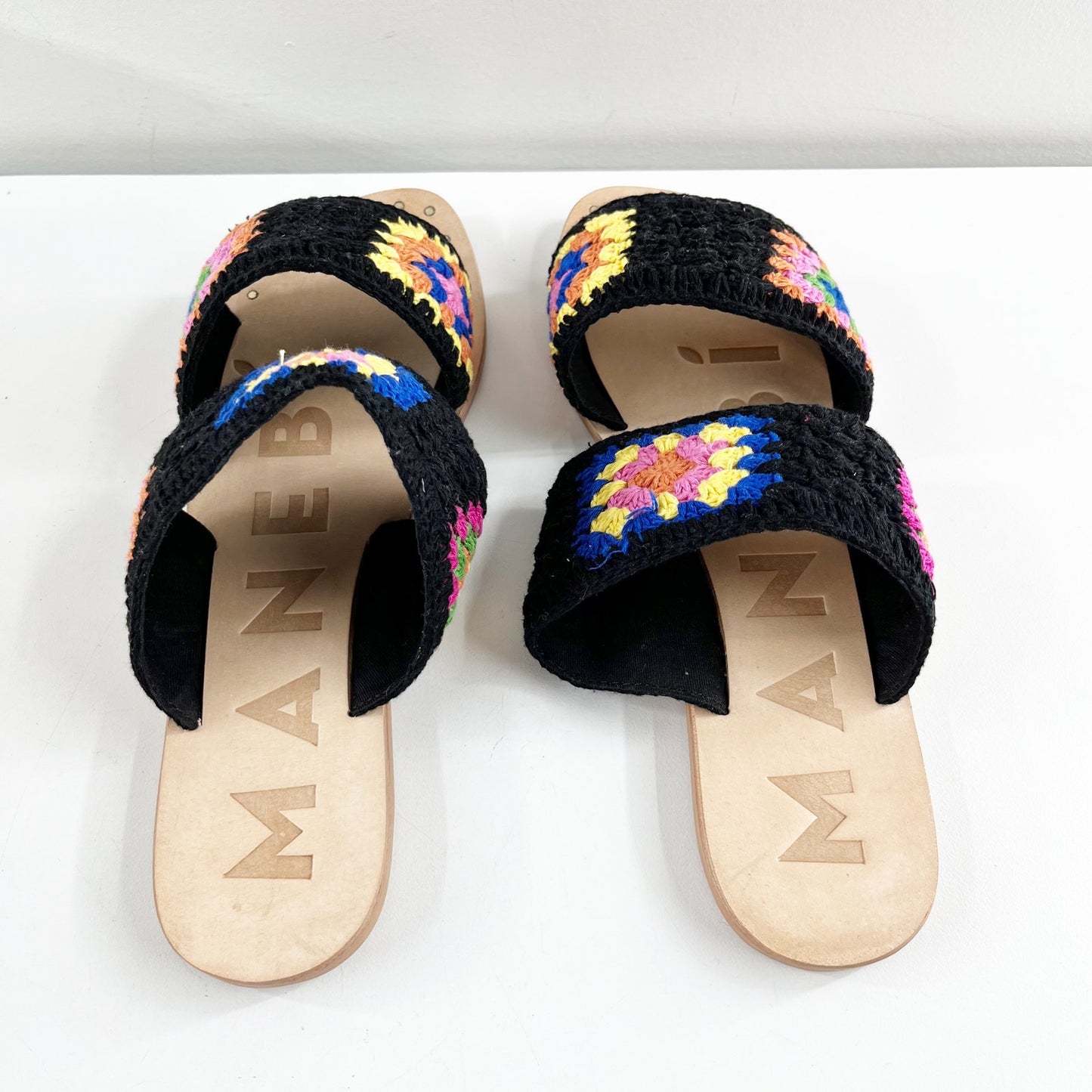 Manebi Cotton Crochet Two Strap Flat Sandals Yucatan Black Sunset Orange 38