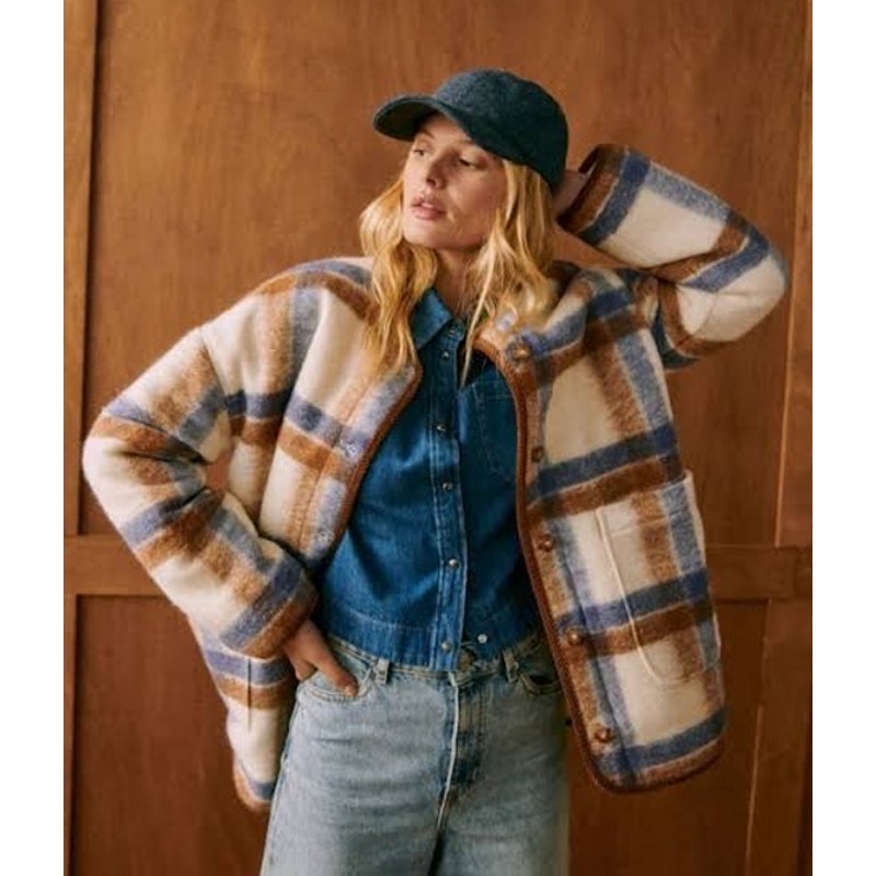 Sezane Veste Sari Laine Carreaux Reversible Sherpa Jacket Écru Camel Bleu 34 / 2