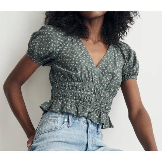 Madewell Poplin Puff-Sleeve Smocked Crop Top in Bitsy Bouquet Green XS