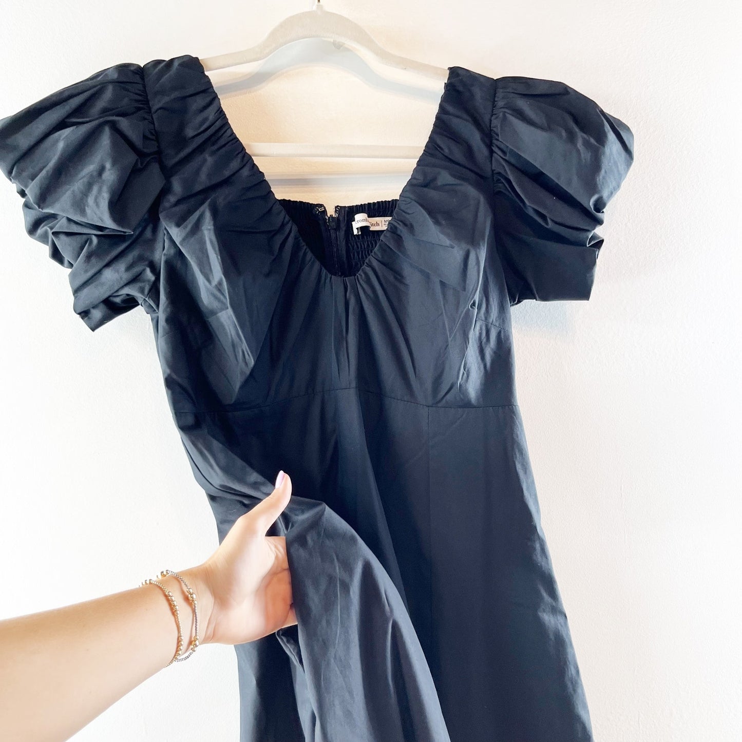 Abercrombie Short Puff Sleeve Plunge Scoop Neck Poplin Midi Dress Black Medium P