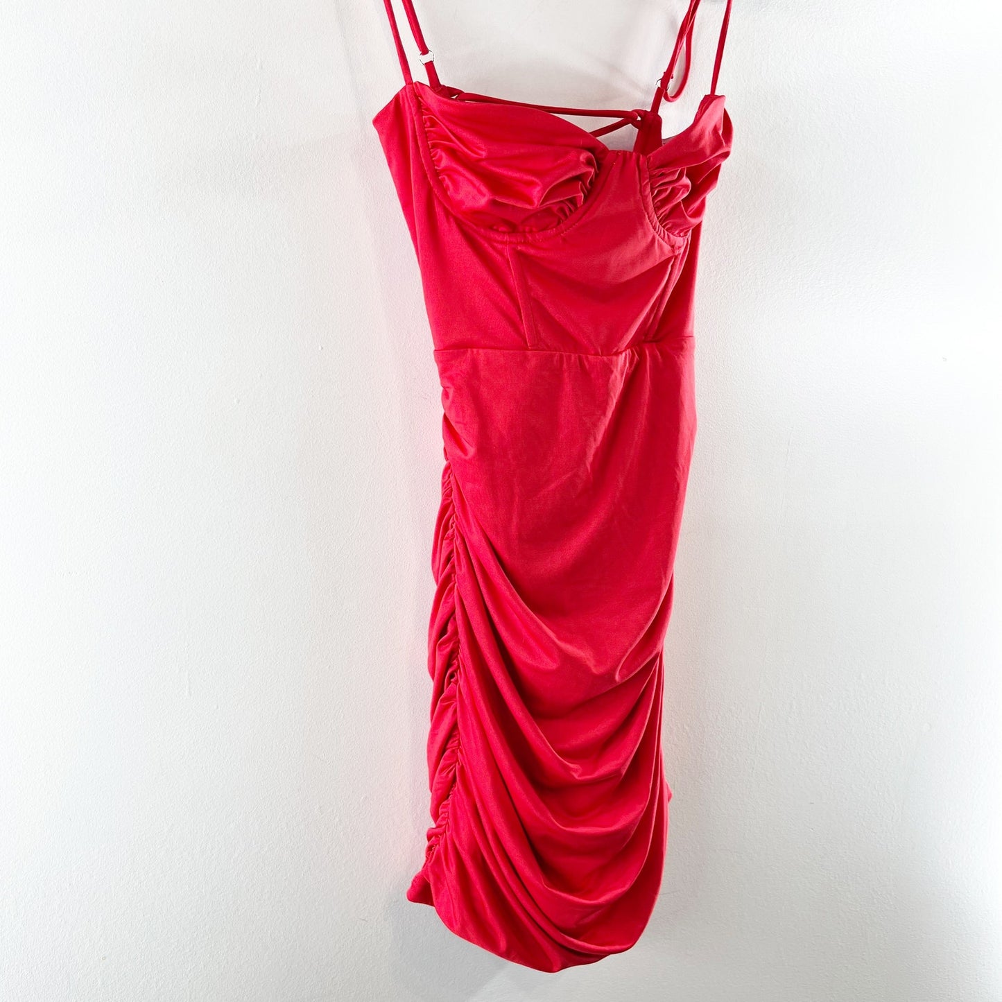 Lucy in The Sky Open Strappy Back Ruched Mini Dress Red XS