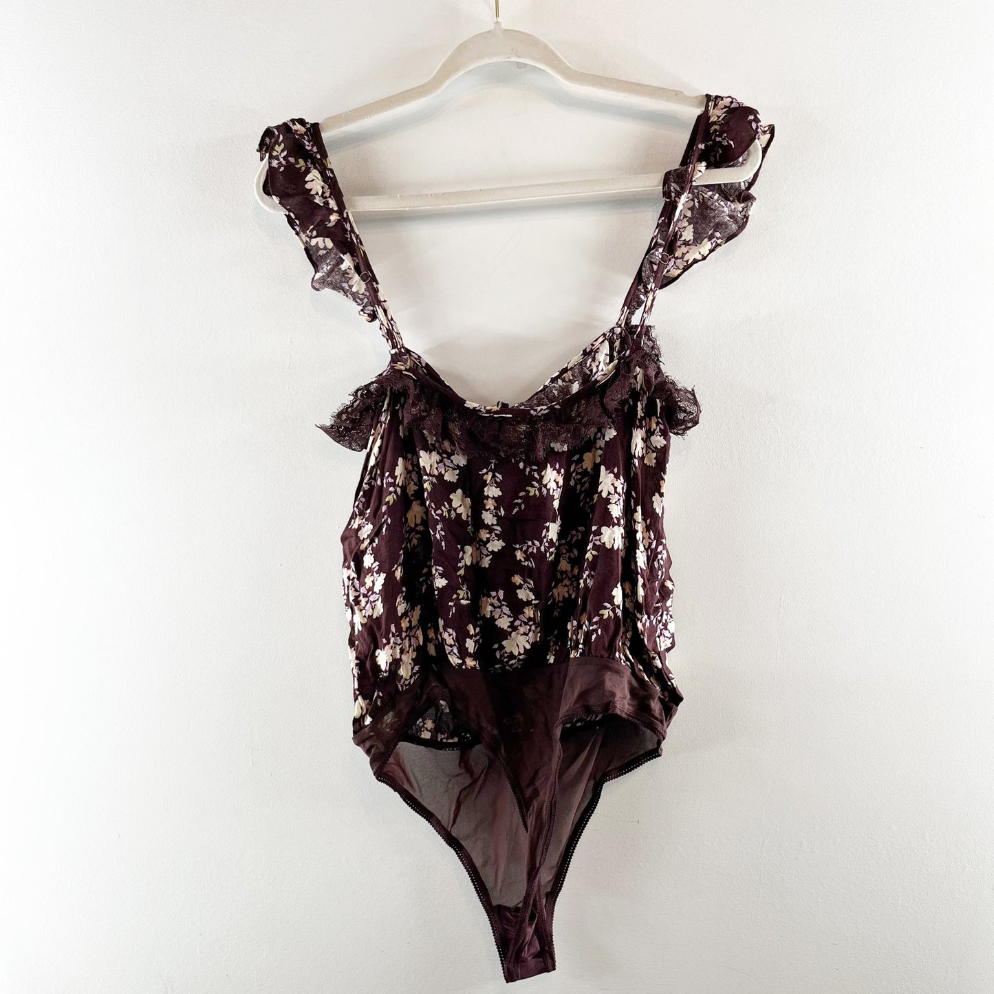 Free People Take It Away Ruffle Strap Floral Thong Bodysuit Brown Medium