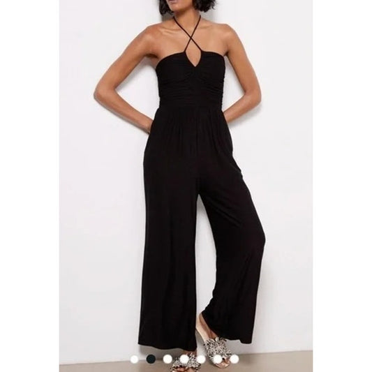 Evereve Noa Halter Wide Leg Jumpsuit Black XS
