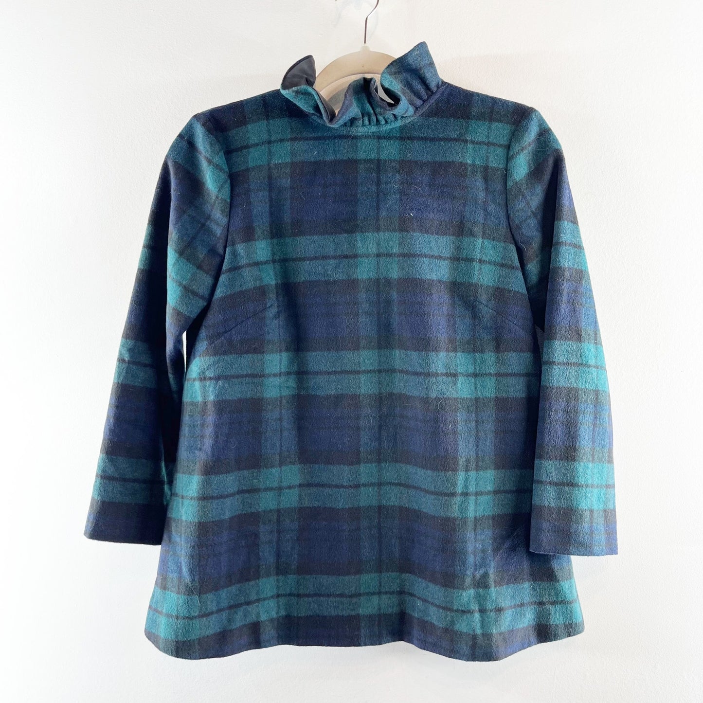 Tuckernuck Blackwatch Faye Plaid Wool Blend 3/4 Sleeve Blouse Green XS