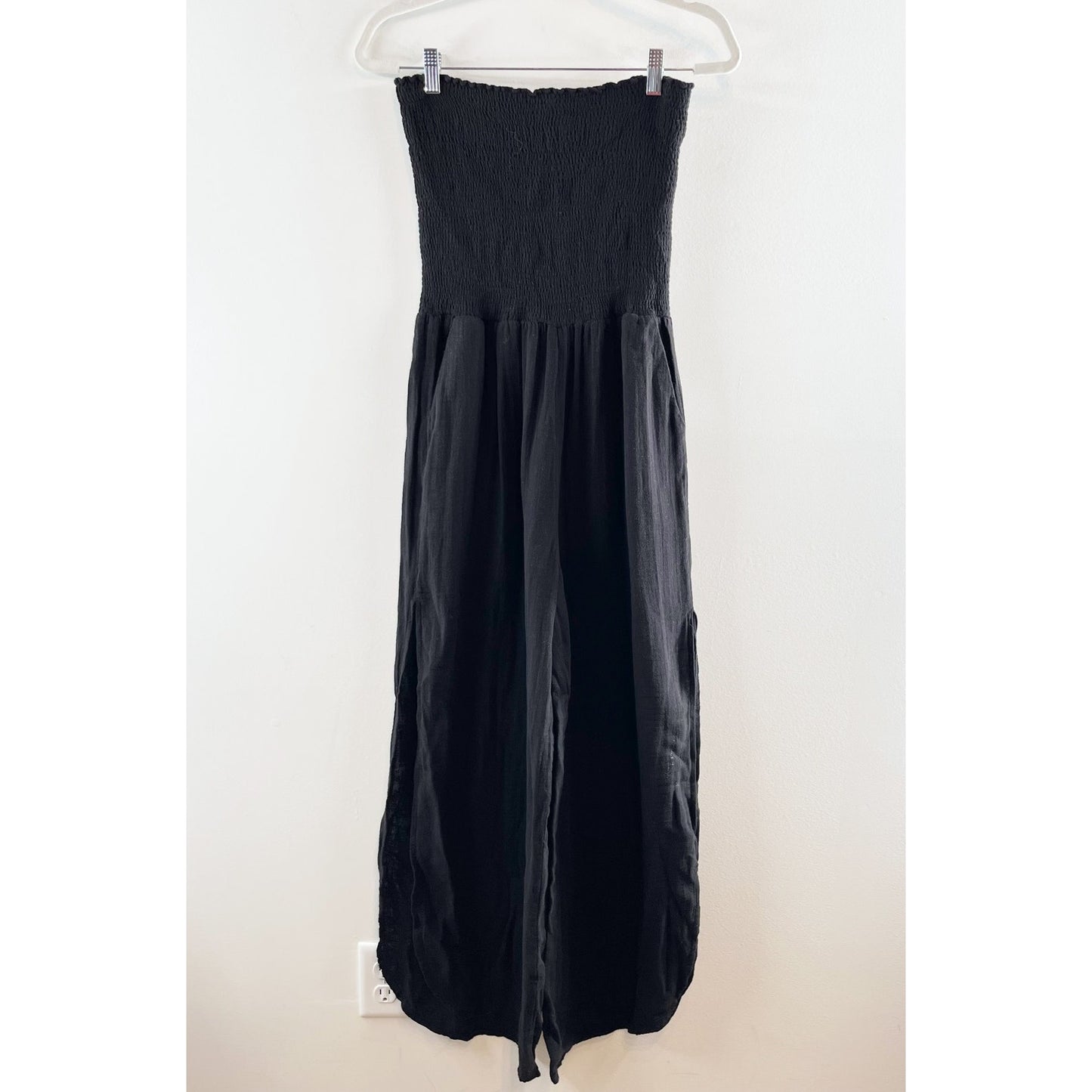 Elan Santorini Strapless Smocked Wide Leg Slit Jumpsuit Black Small