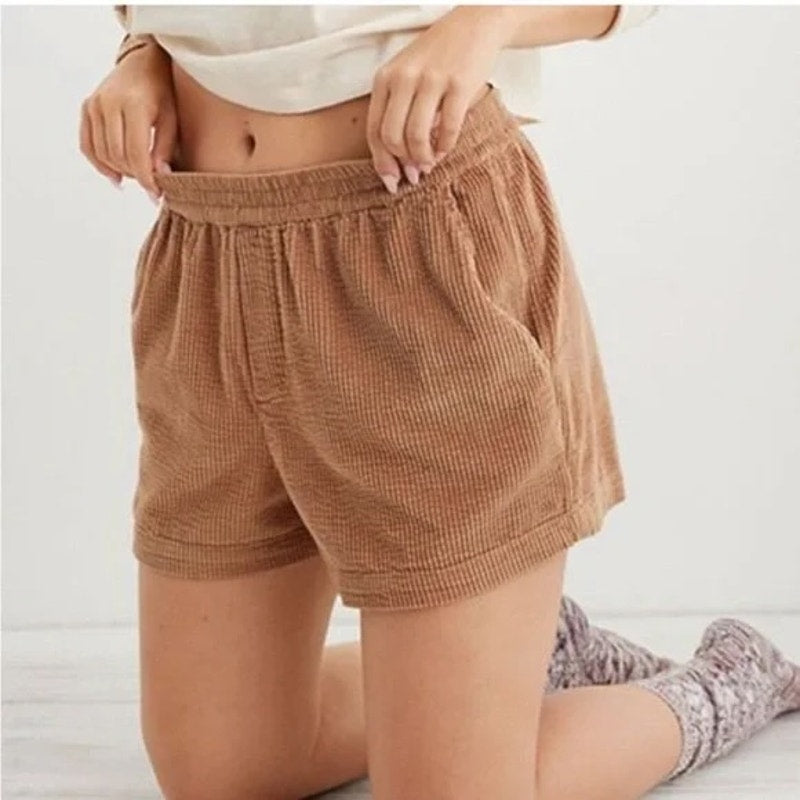 Aerie Corduroy Pull On Elastic Waist Boxer Style Shorts Brown Large