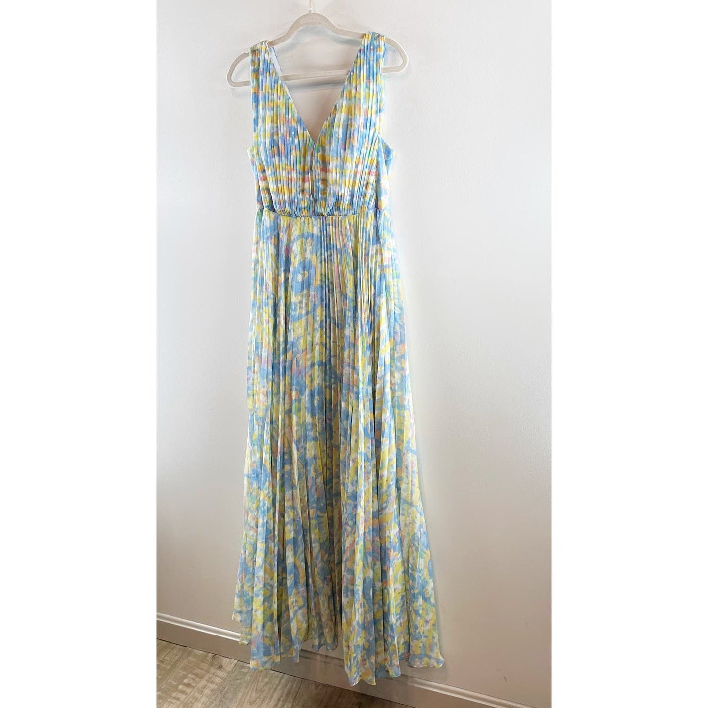 Laundry By Shelli Segal Pleated Knee High Slit Tie Dye Maxi Dress Blue Yellow 6