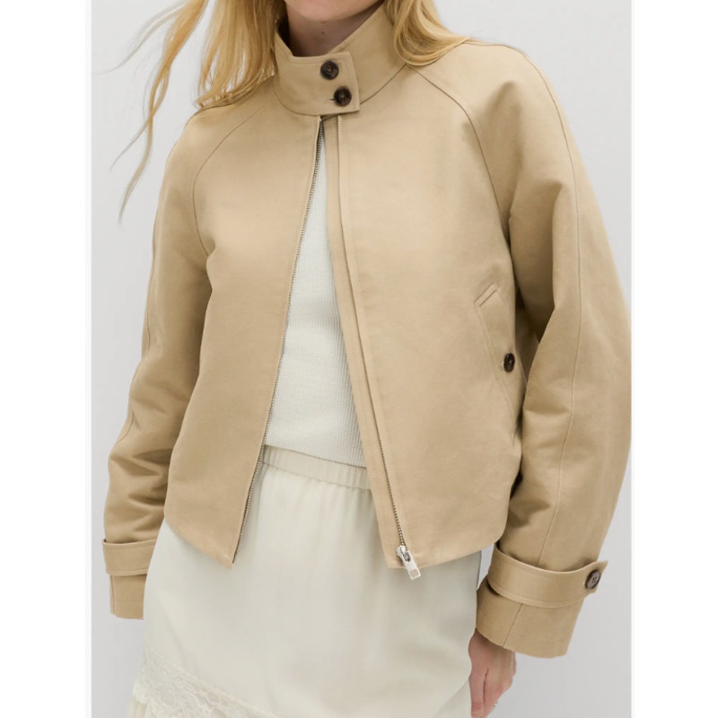 M&S Stand Collar Bomber Cropped Trench Coat Jacket Tan Beige 4
