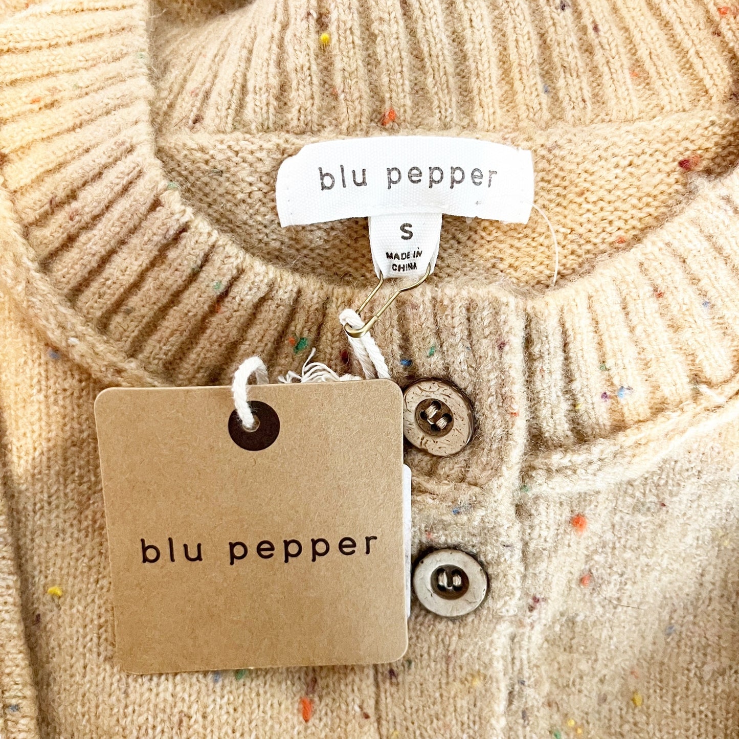 Blu Pepper Time Moves Faster Dropped Shoulder Henley Sweater Beige Tan Small