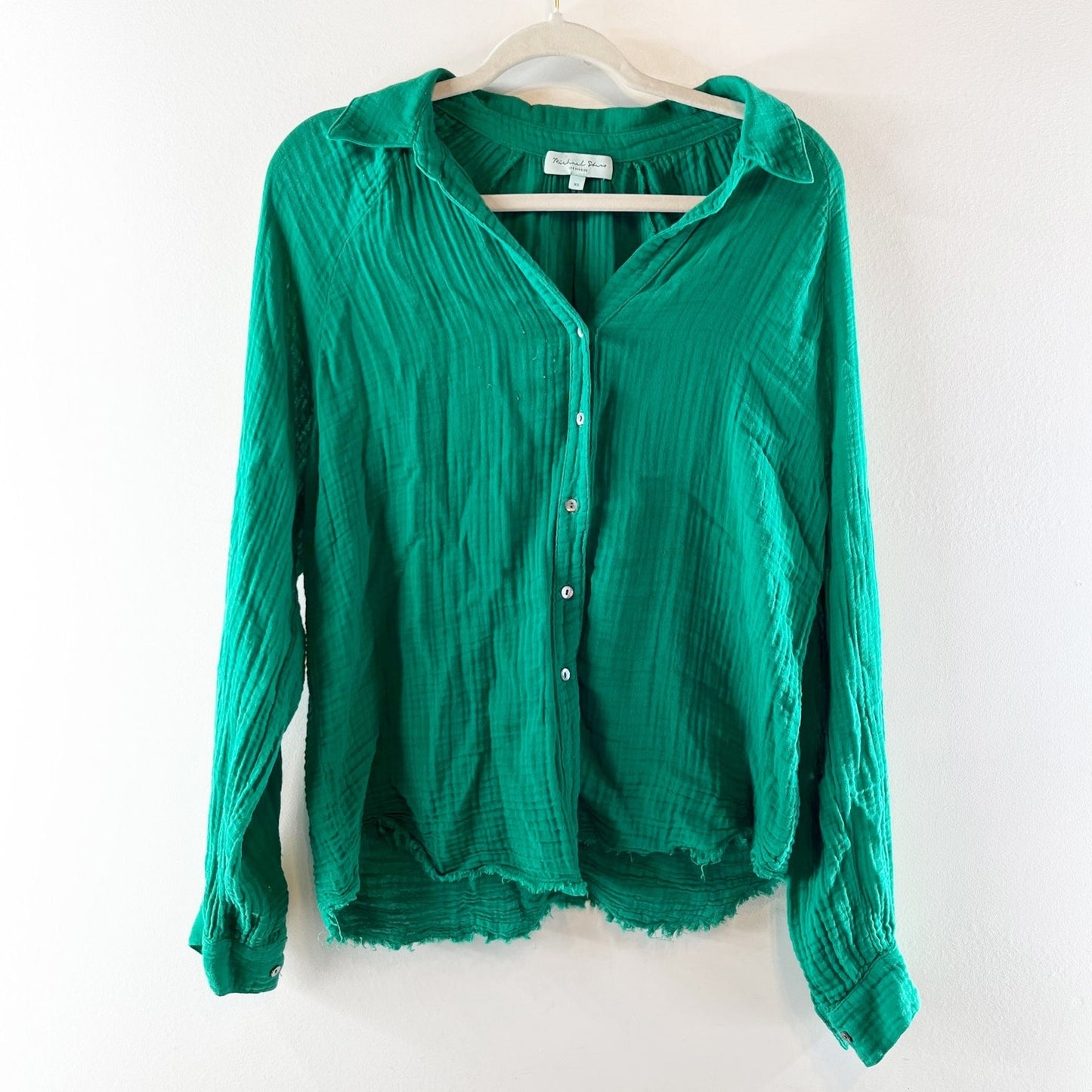 Michael Stars Gauze Cotton Leo Button Down Long Sleeve Top Shirt Green XS