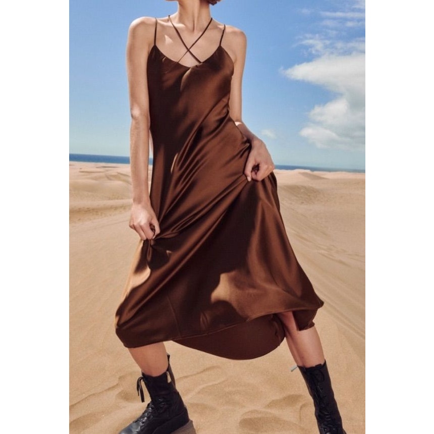 Zara Satin Sleeveless V-Neck Spaghetti Strappy Slip Midi Dress Dark Brown XS