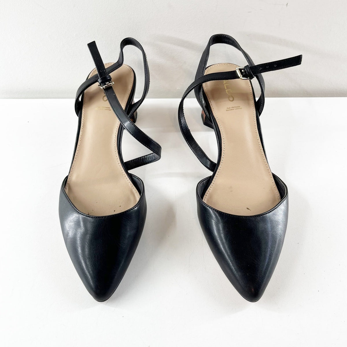 Aldo Gwelissa Tortoise Block Heel Leather Pointed Toe Pumps Black 10