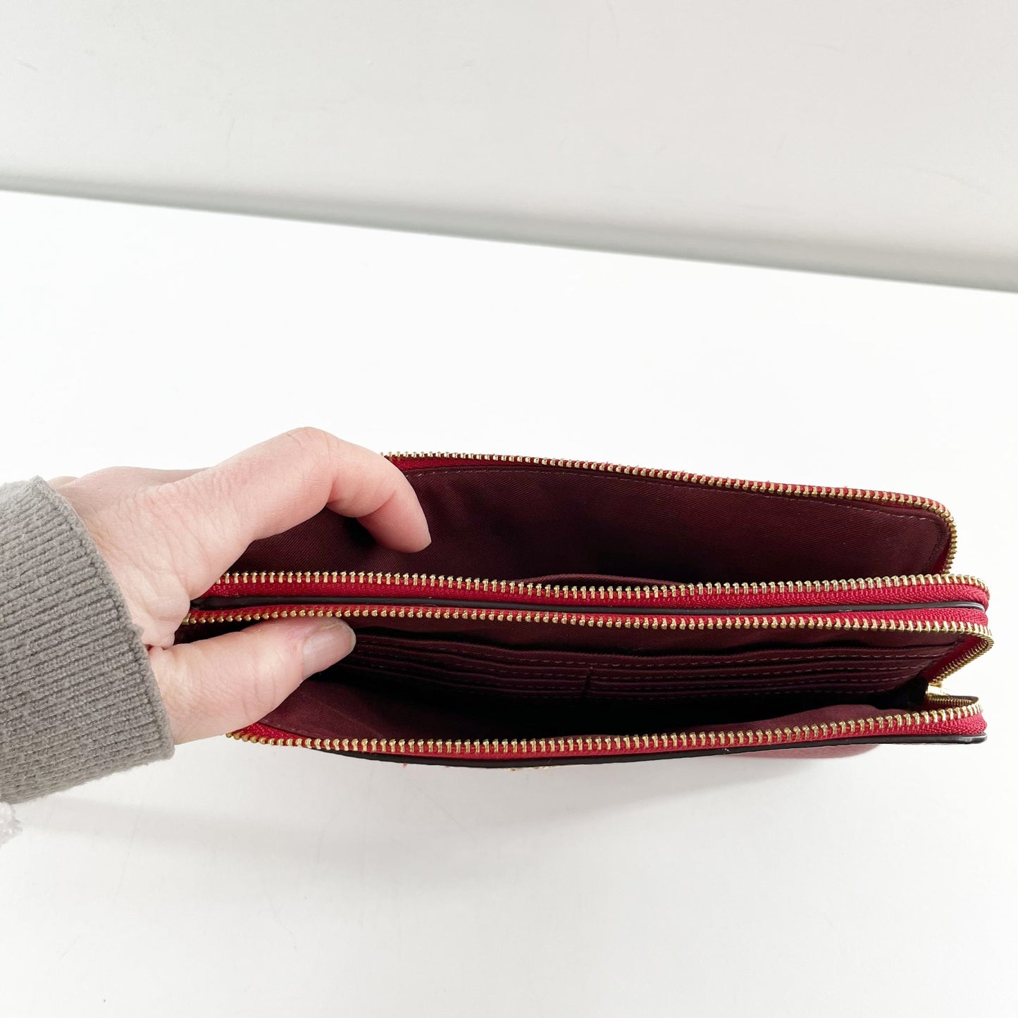 Coach Pebbled Leather Double Zip Around Wallet Wristlet Red