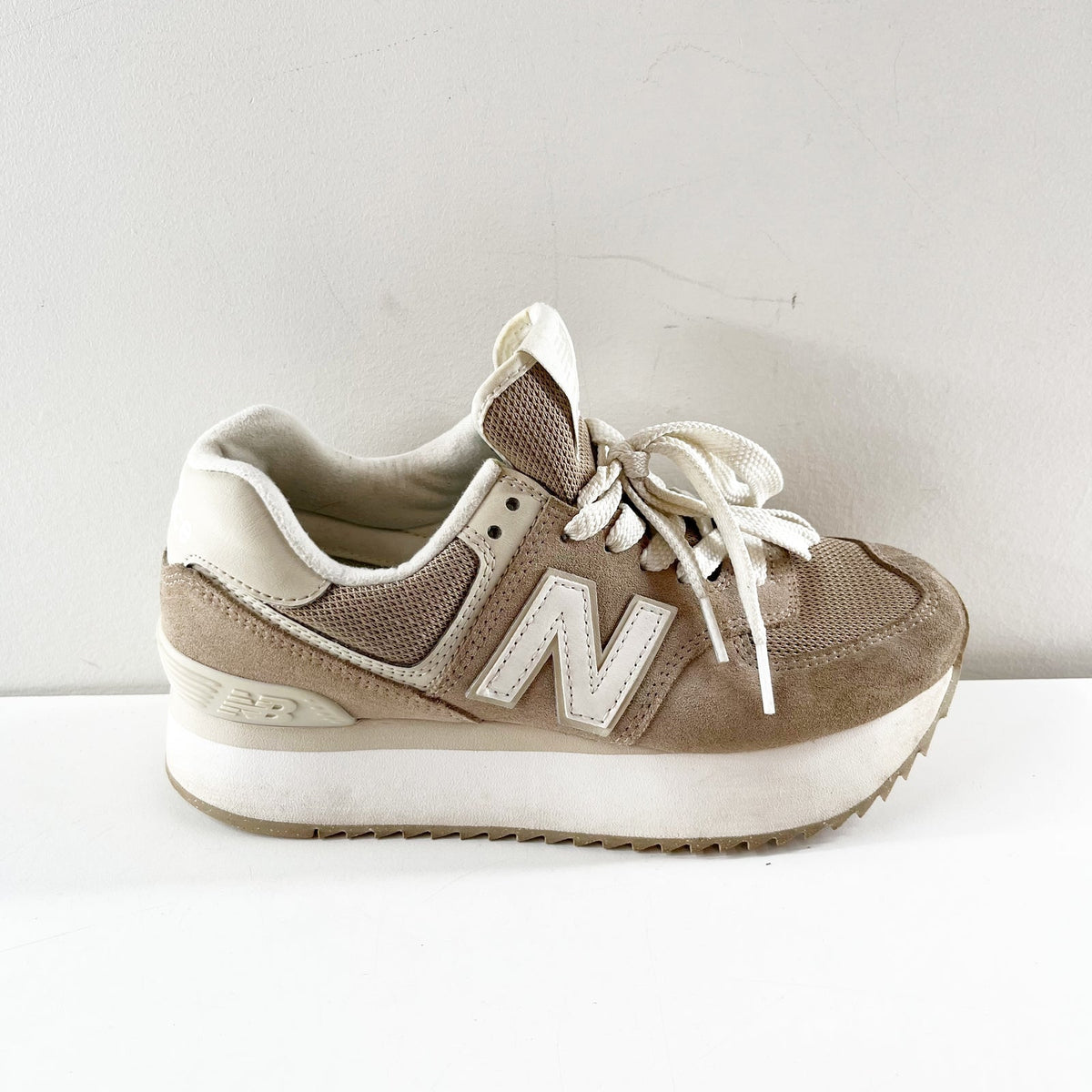 New Balance 574 Stacked Platform Sneakers Tan Beige White 7.5