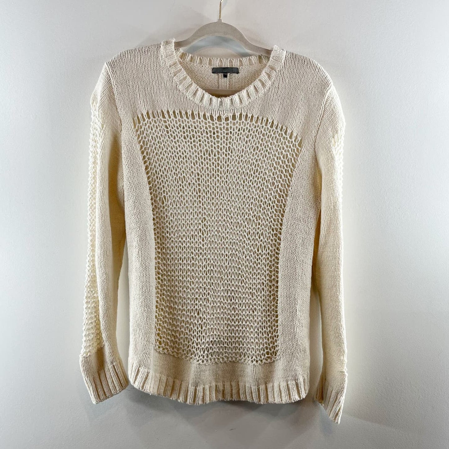 Theonne Anthropologie Crochet Crewneck Pullover Sweater Off White Ivory Medium