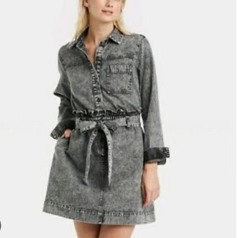 Who What Wear Belted Denim Long Sleeve Mini Dress Washed Gray Small