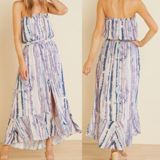 Allison Joy Andy Tie Dye Strapless Button Front Maxi Dress Lilac Purple Small