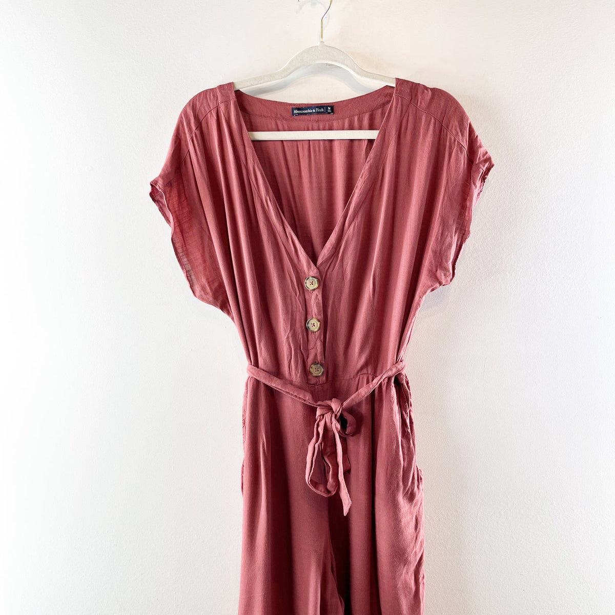 Abercrombie & Fitch V-Neck Button-Front Belted Jumpsuit Rust Maroon Medium