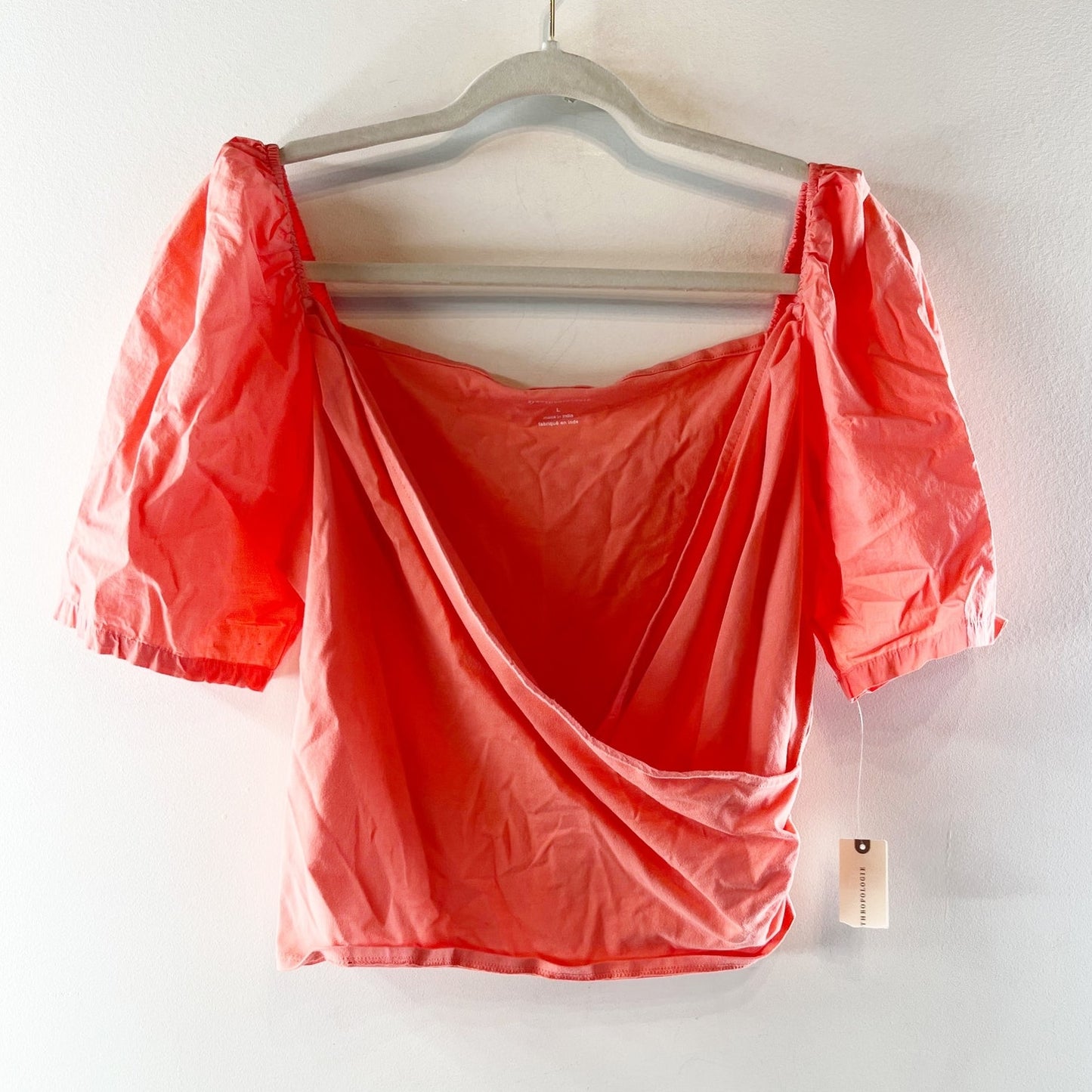 Anthropologie Wrap Short Puff Sleeve Tee Shirt Top Coral Pink Large