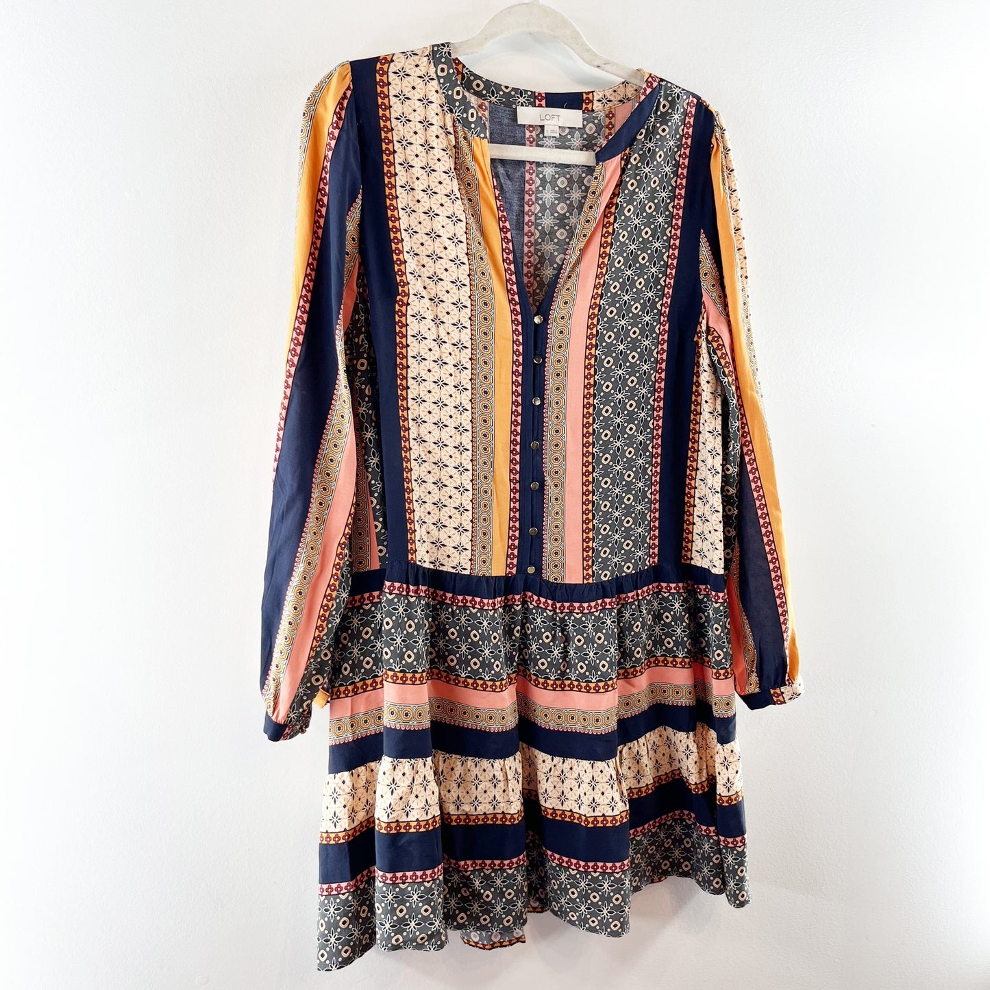 LOFT Foulard Long Sleeve Striped Tunic Mini Boho Dress Blue Orange Small