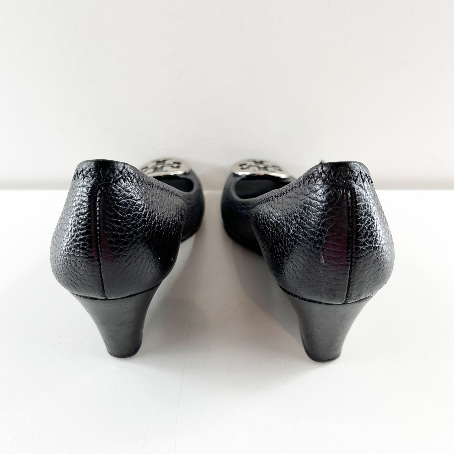 Tory Burch Sally Peep Toe Leather Wedge Pumps Shoes Black 6.5