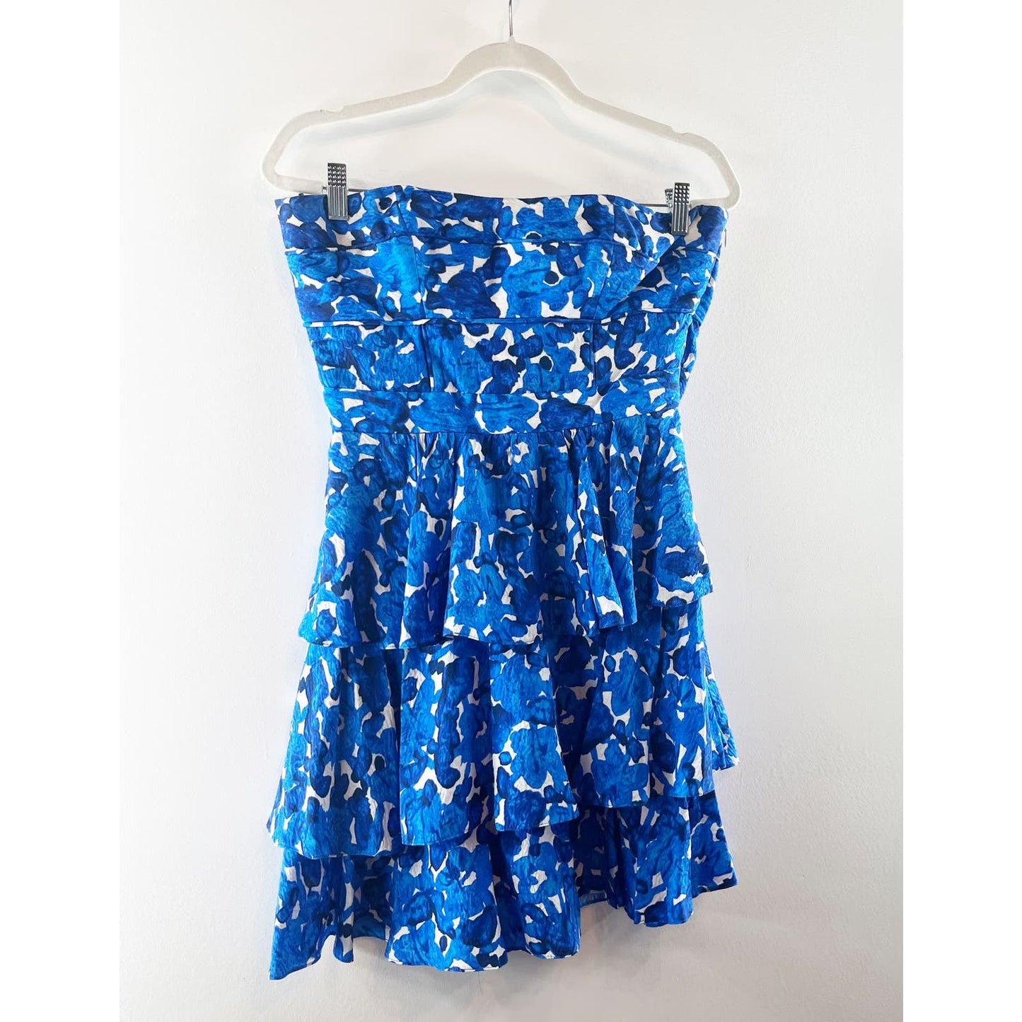 Cynthia Steffe Silk Tiered Ruffle Strapless Floral Mini Dress Blue White 8