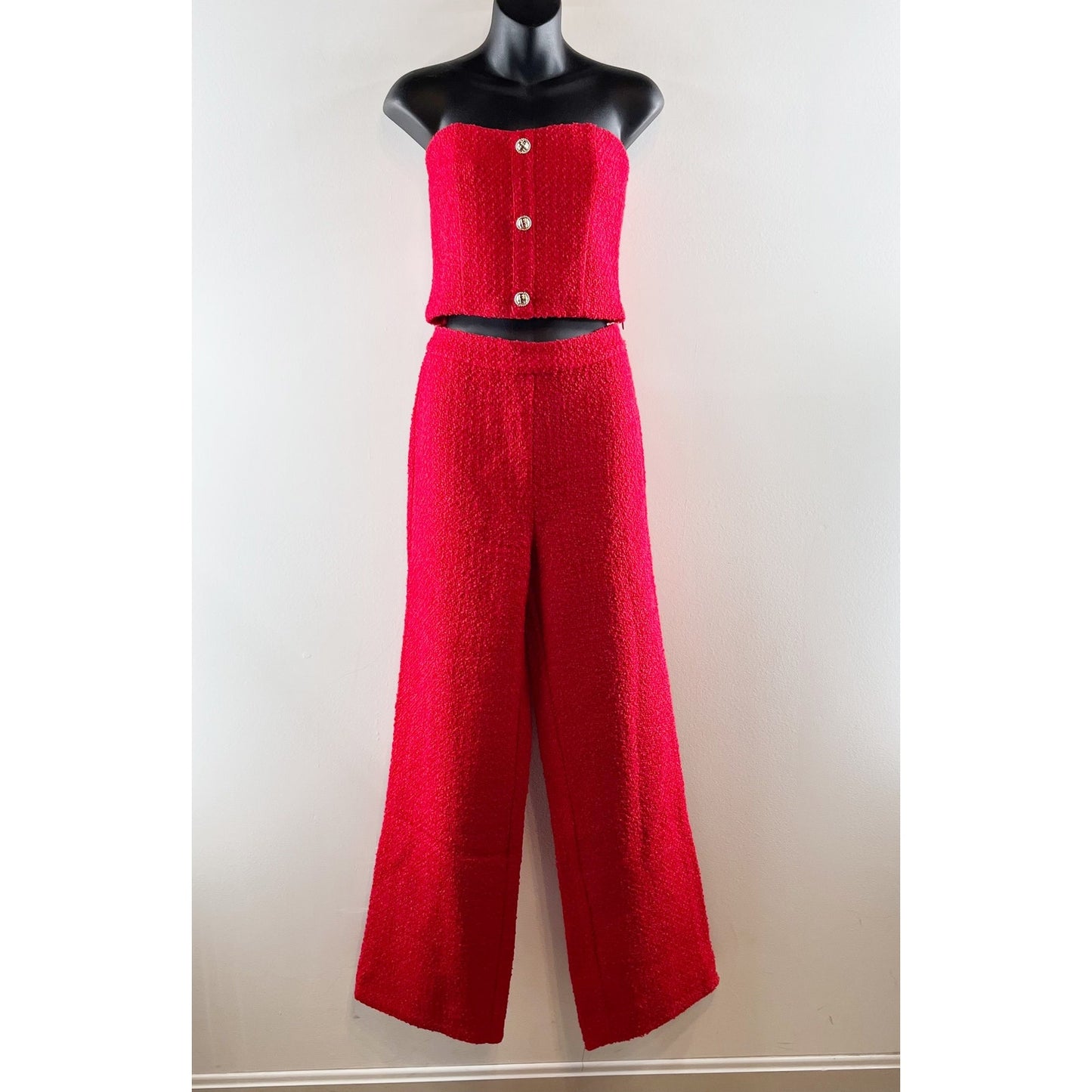 VICI Tweed Tube Top and Matching Wide Leg Pants Set Red Medium