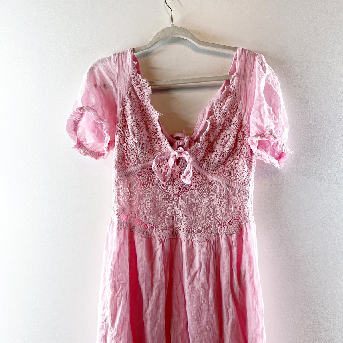 Free People All You Need Is Lace Short Sleeve Cotton Midi Dress Pink Large