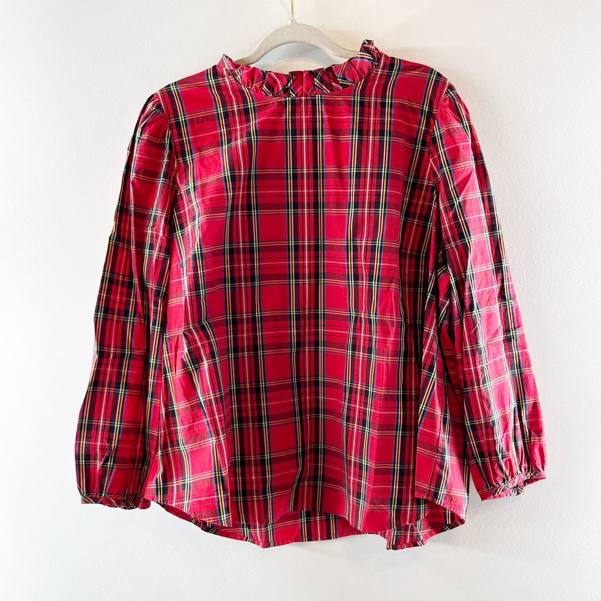 J. Crew Tartan Plaid Long Sleeve Ruffle Neck Blouse Top Red Plus 2X