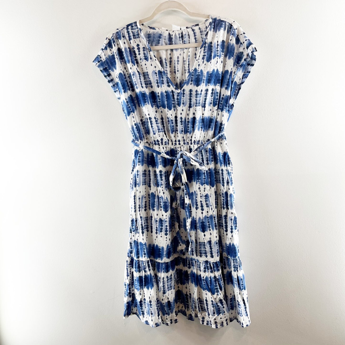 GAP V Neck Tie Dye Belted Tie Waist Short Sleeve Cotton Mini Dress Blue White M