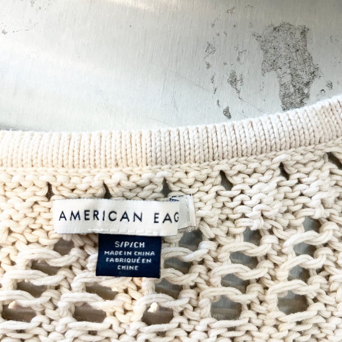 American Eagle V Neck Long Sleeve Crochet Crewneck Sweater Tan Beige Small