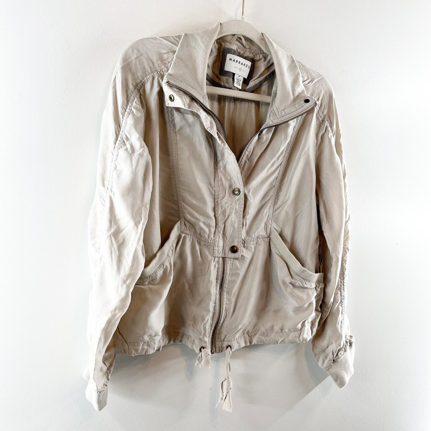 Marrakech by Anthroplogie Long Sleeve Zip Up Cupro Bomber Jacket Beige Medium