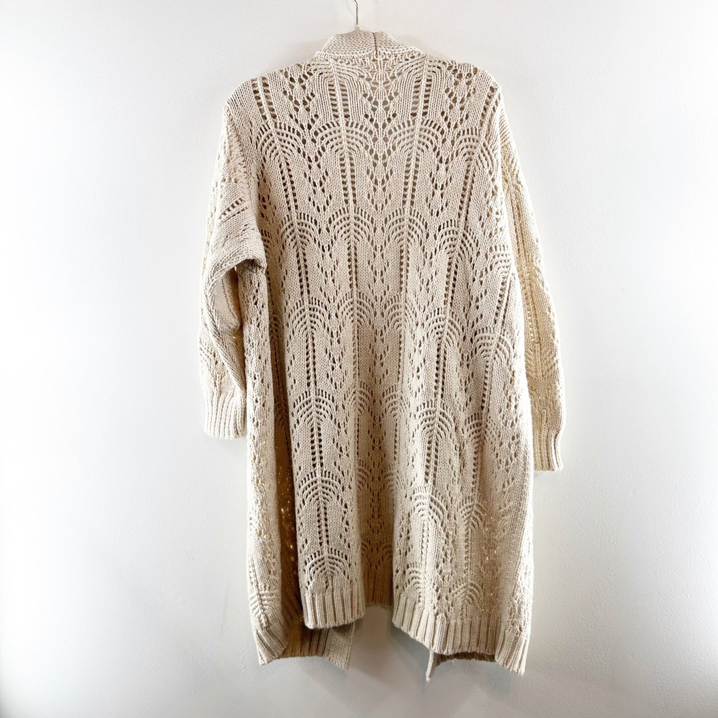 AMS Pure Longline Duster Pointelle Knit Button Up Cardigan Sweater Beige Medium