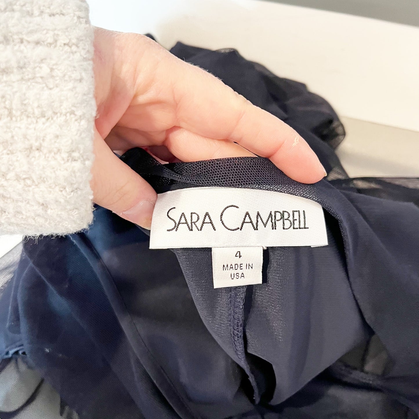 Sara Campbell Ruched Drapey Mesh Sleeve Lined Sheer Overlay Shift Dress Blue 4