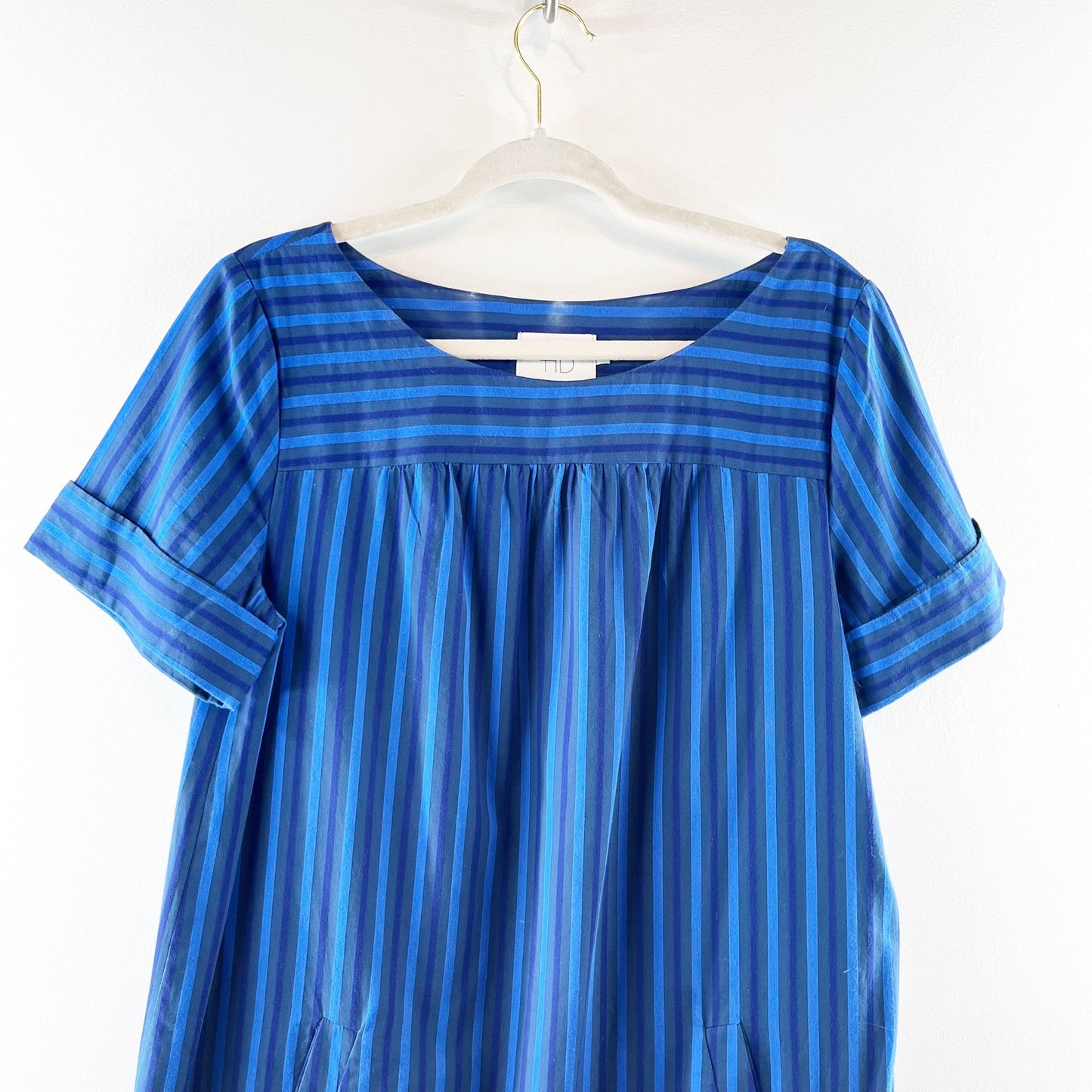 HD in Paris Anthropologie Short Sleeve Striped Cotton Mini Shift Dress Blue 12