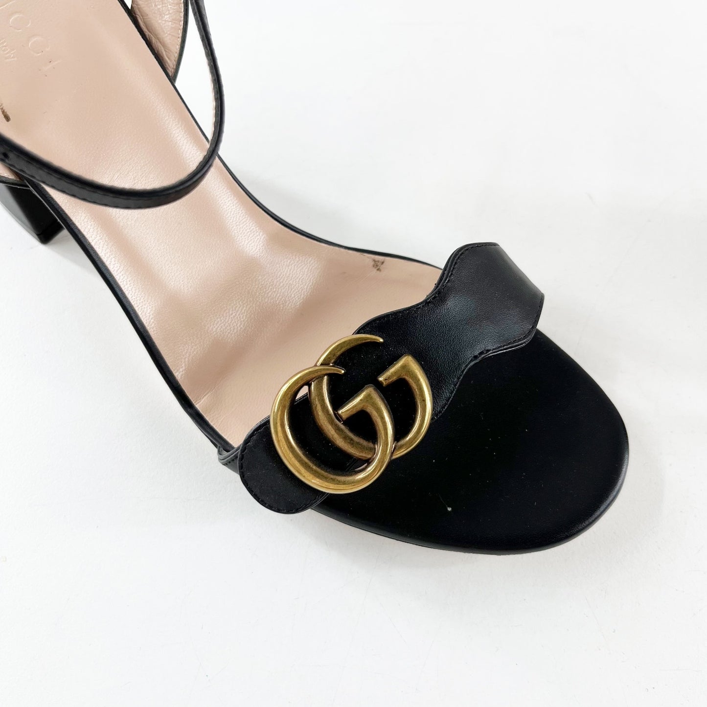 Gucci Marmont Leather Gold GG Logo Block Heel Ankle Strap Pump Sandals Black 39