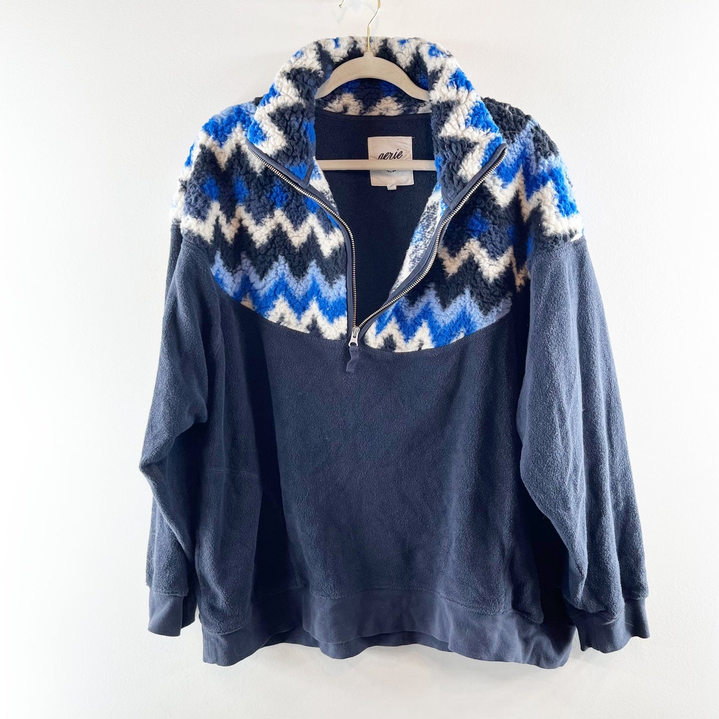 Aerie Hometown Holiday 1/4 Zip Fleece Pullover Jacket Sweatshirt Blue XL