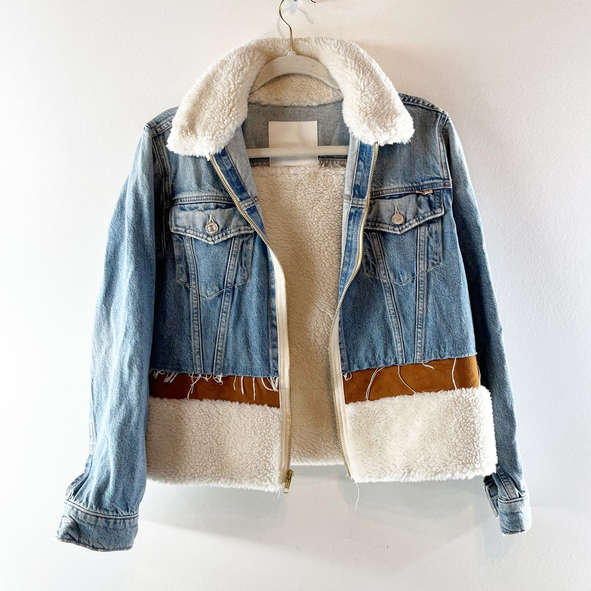 Mother Cut and Paste Denim Patchwork Faux Sherling Jacket Aint My First Rodeo S