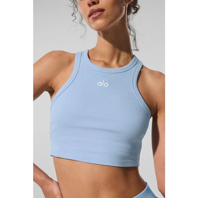 Alo Yoga Aspire Racerback Ribbed Cropped Tank Top Crystal Clear Blue Small