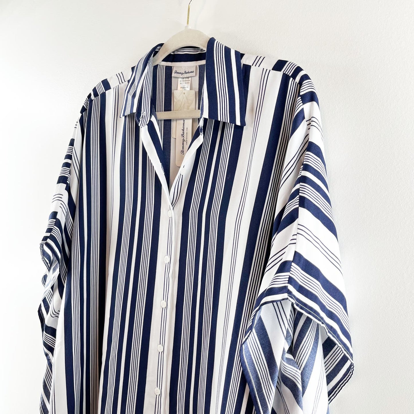 Tommy Bahama Tan Lines Striped Boyfriend Button Down Tunic Shirt Blue L/XL