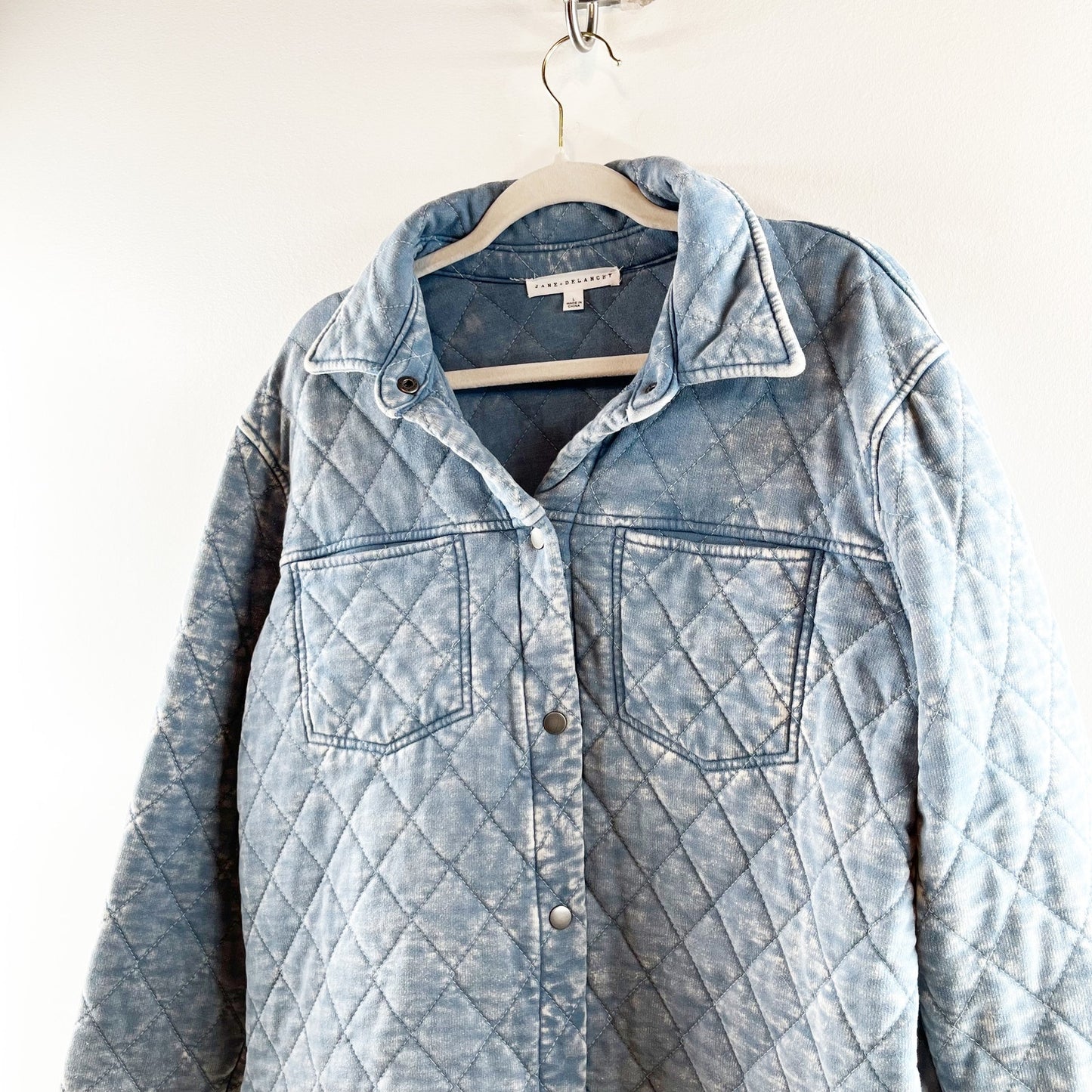 Jane + Delancey Long Sleeve Button Up Quilted Denim Washed Jacket Blue Large