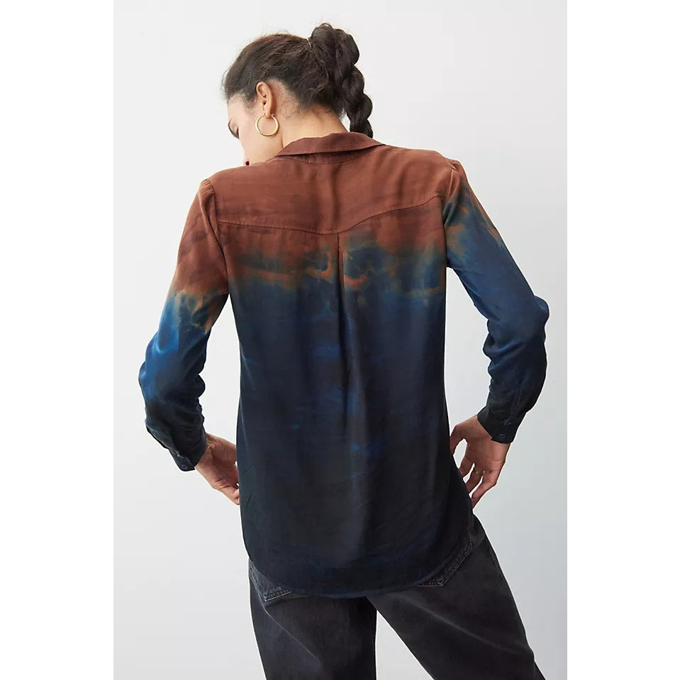 Cloth & Stone Watercolor Tie-Dye Long Sleeve Button-Down Shirt Blue Brown Small