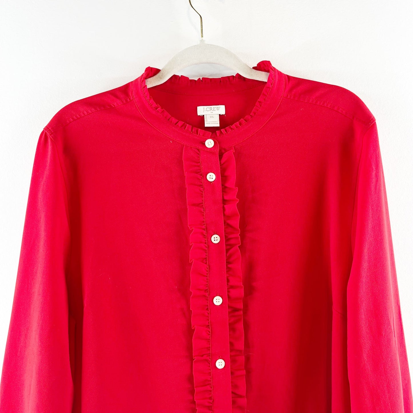 J. Crew Ruffle Front Long Sleeve Button Up Shirt Blouse Red XXL