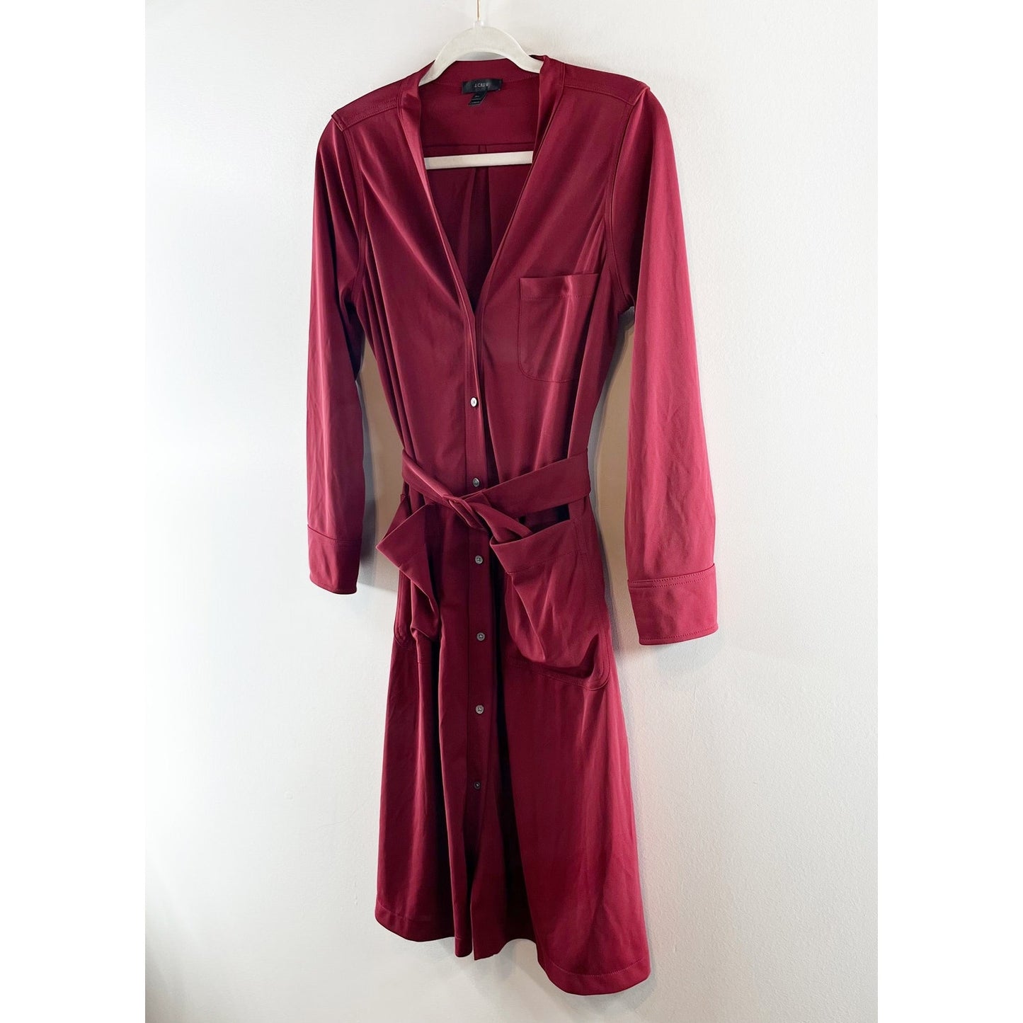 J. Crew Long Sleeve Belted Midi Shirt Dress Maroon Burgundy Red Medium Petite