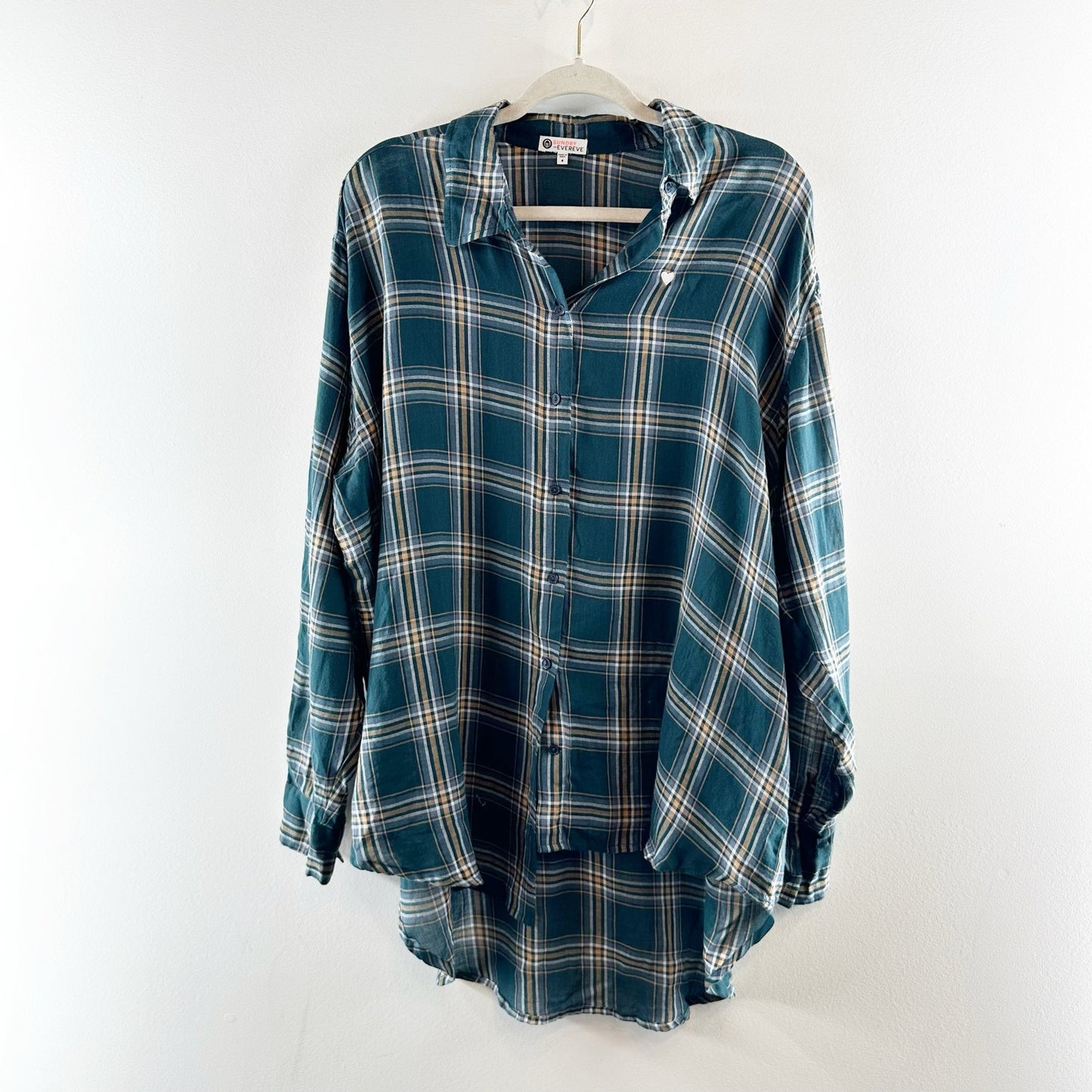 Sundry Evereve Heart Plaid Long Sleeve Hi-Low Button Down Shirt Pine Green Small