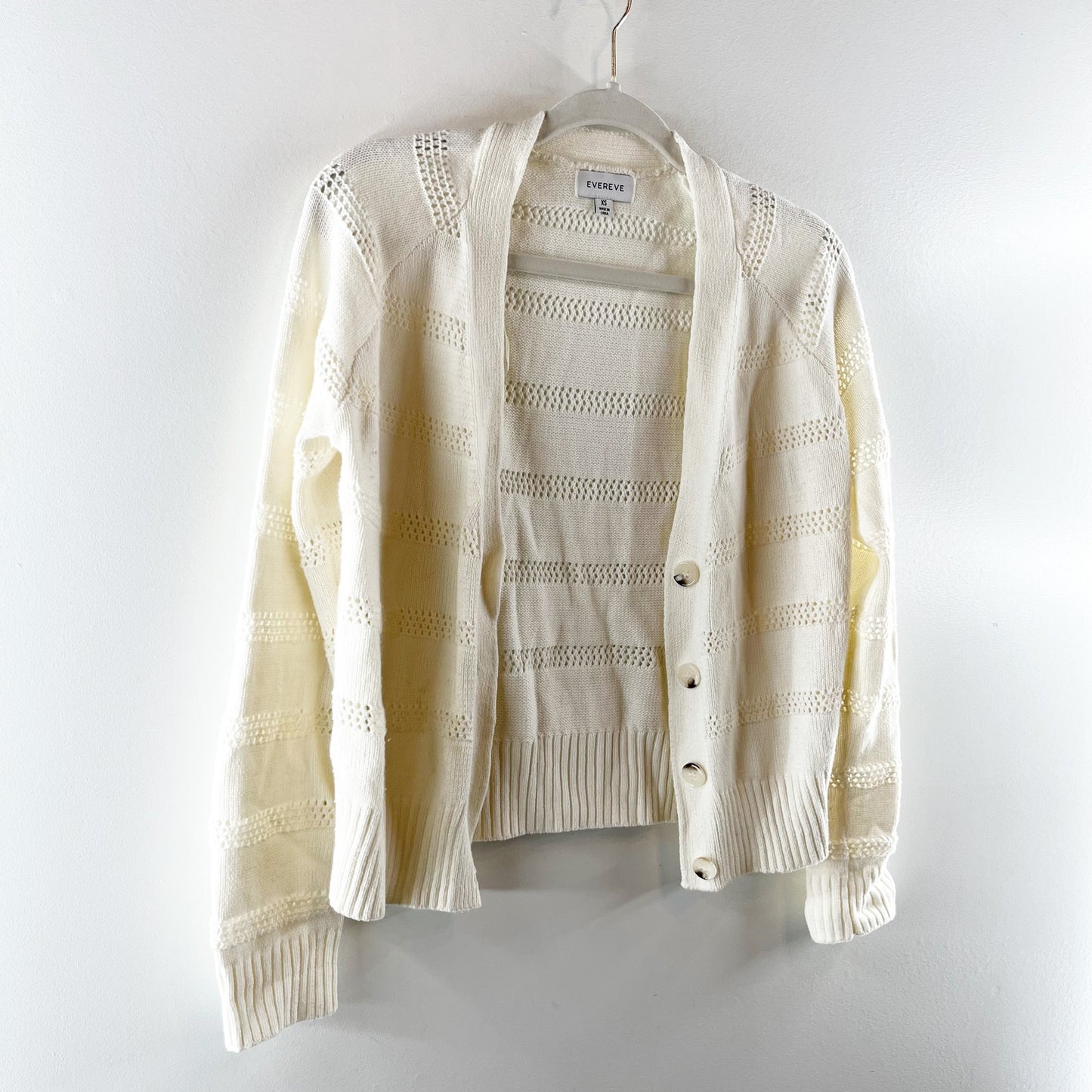 Evereve Button Up Crochet Knit Cardigan Sweater Cream XS