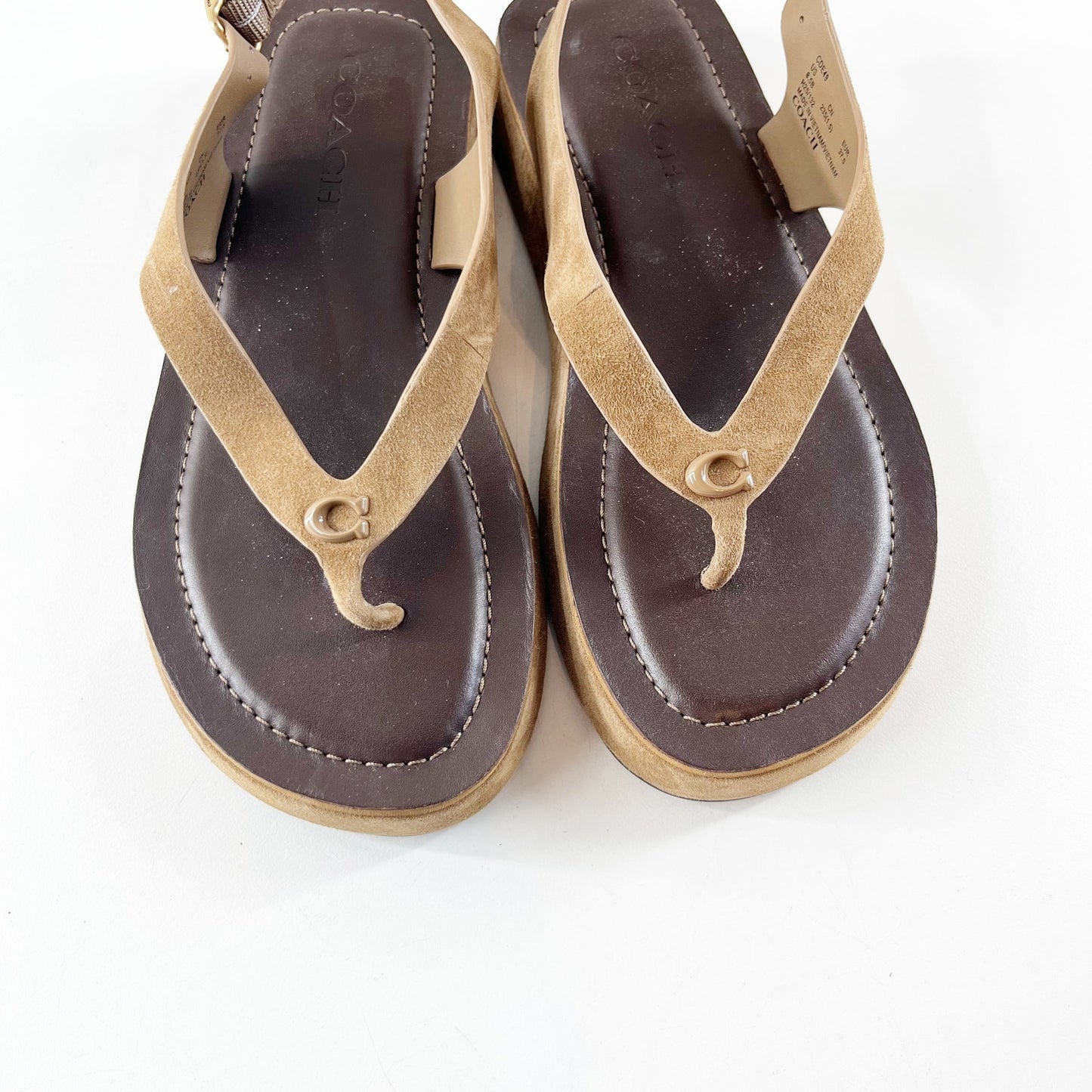 Coach Sculpted C Platform Suede Thong Sandals Coconut Tan Brown 6.5